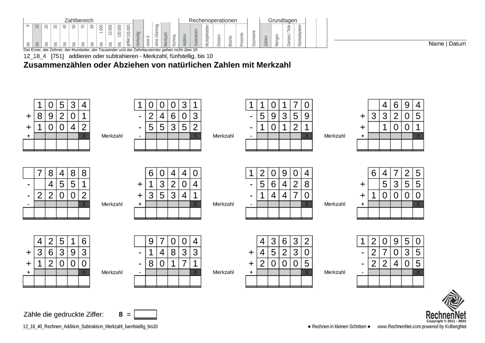 12_18_4 Rechnen Addition Subtraktion Merkzahl fünfstellig bis10 12_18_4 Rechnen Addition Subtraktion Merkzahl fünfstellig bis10