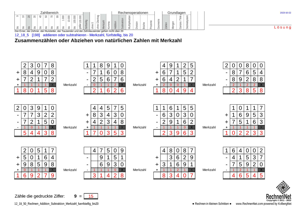 Lösung: 12_18_5 Rechnen Addition Subtraktion Merkzahl fünfstellig bis20 Lösung: 12_18_5 Rechnen Addition Subtraktion Merkzahl fünfstellig bis20