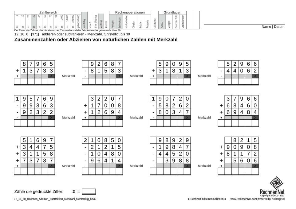 12_18_6 Rechnen Addition Subtraktion Merkzahl fünfstellig bis30 12_18_6 Rechnen Addition Subtraktion Merkzahl fünfstellig bis30