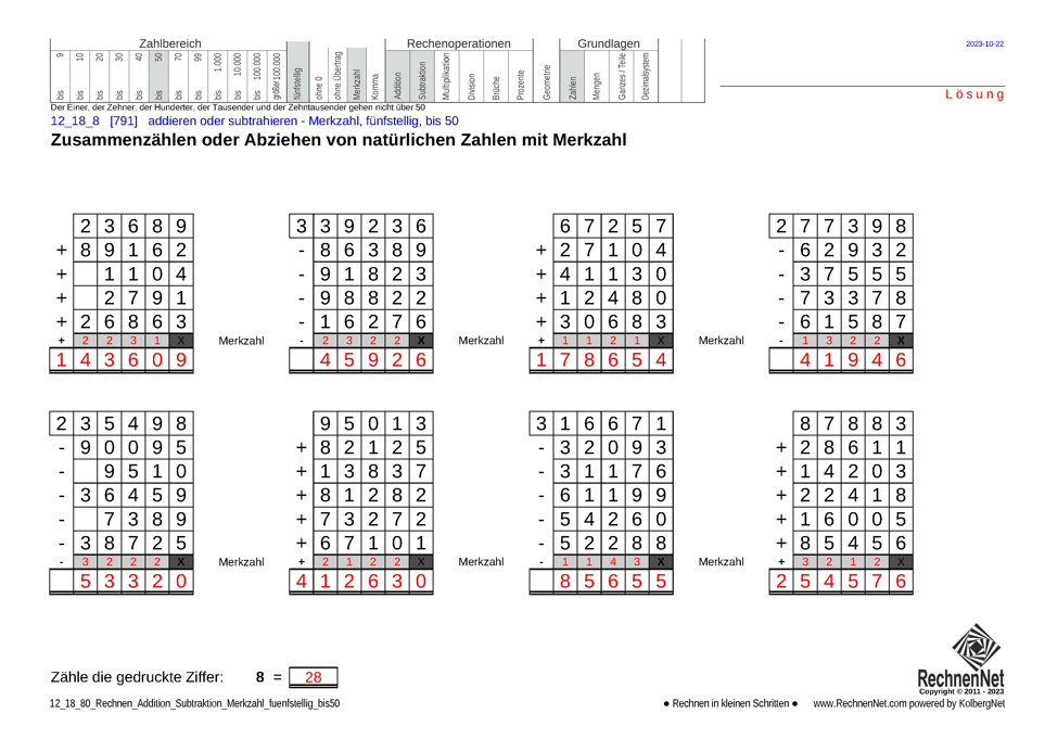 Lösung: 12_18_8 Rechnen Addition Subtraktion Merkzahl fünfstellig bis50 Lösung: 12_18_8 Rechnen Addition Subtraktion Merkzahl fünfstellig bis50