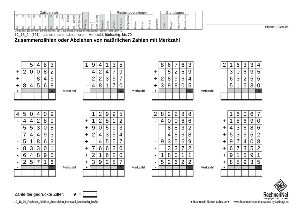 12_18_9 Rechnen Addition Subtraktion Merkzahl fünfstellig bis70 12_18_9 Rechnen Addition Subtraktion Merkzahl fünfstellig bis70