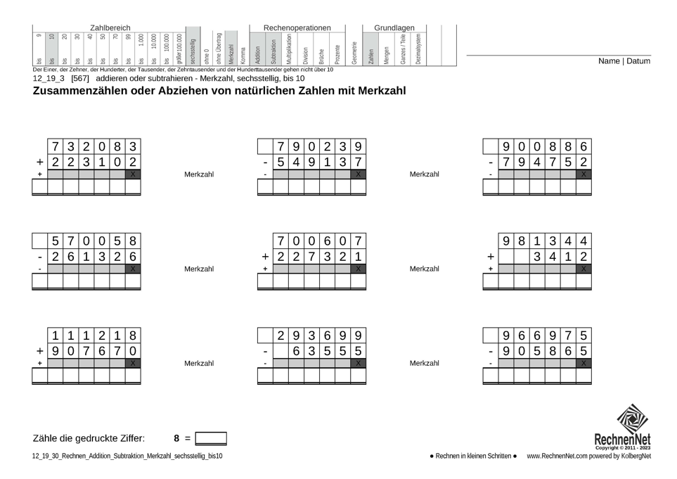 12_19_3 Rechnen Addition Subtraktion Merkzahl sechsstellig bis10