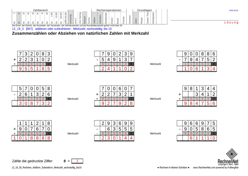 Lösung: 12_19_3 Rechnen Addition Subtraktion Merkzahl sechsstellig bis10