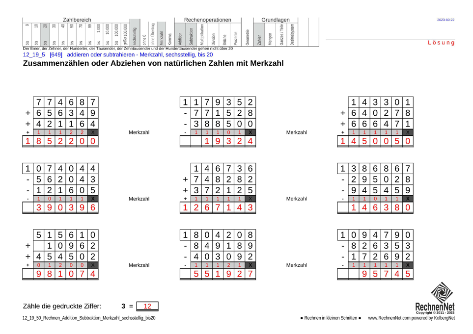 Lösung: 12_19_5 Rechnen Addition Subtraktion Merkzahl sechsstellig bis20 Lösung: 12_19_5 Rechnen Addition Subtraktion Merkzahl sechsstellig bis20
