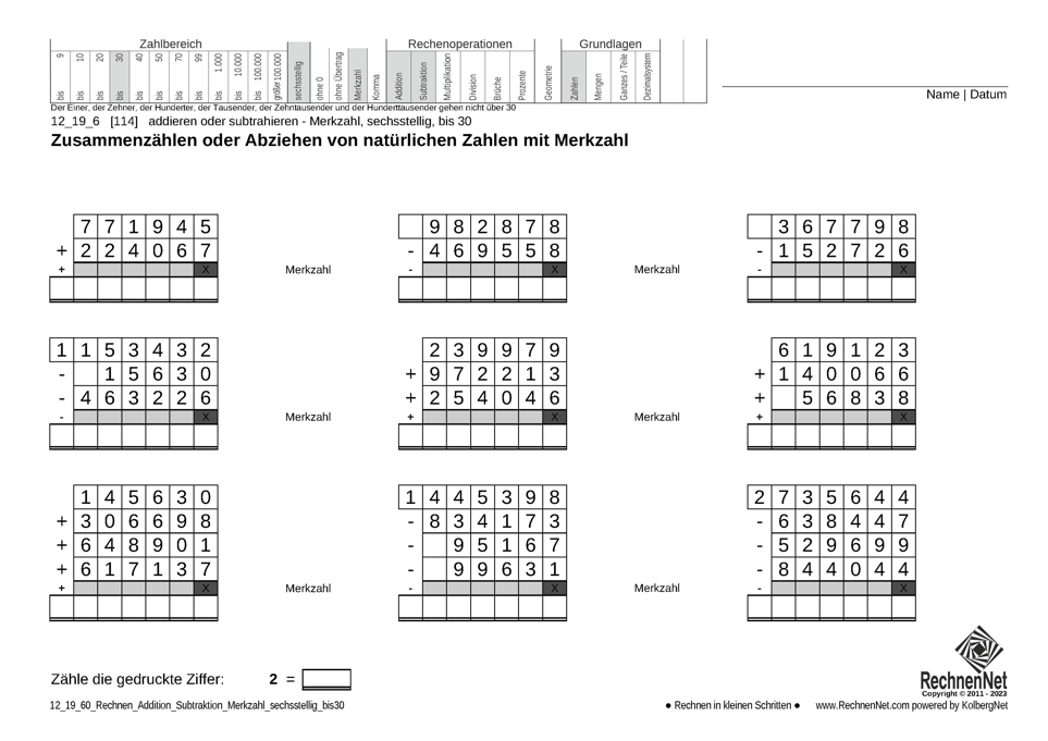 12_19_6 Rechnen Addition Subtraktion Merkzahl sechsstellig bis30 12_19_6 Rechnen Addition Subtraktion Merkzahl sechsstellig bis30