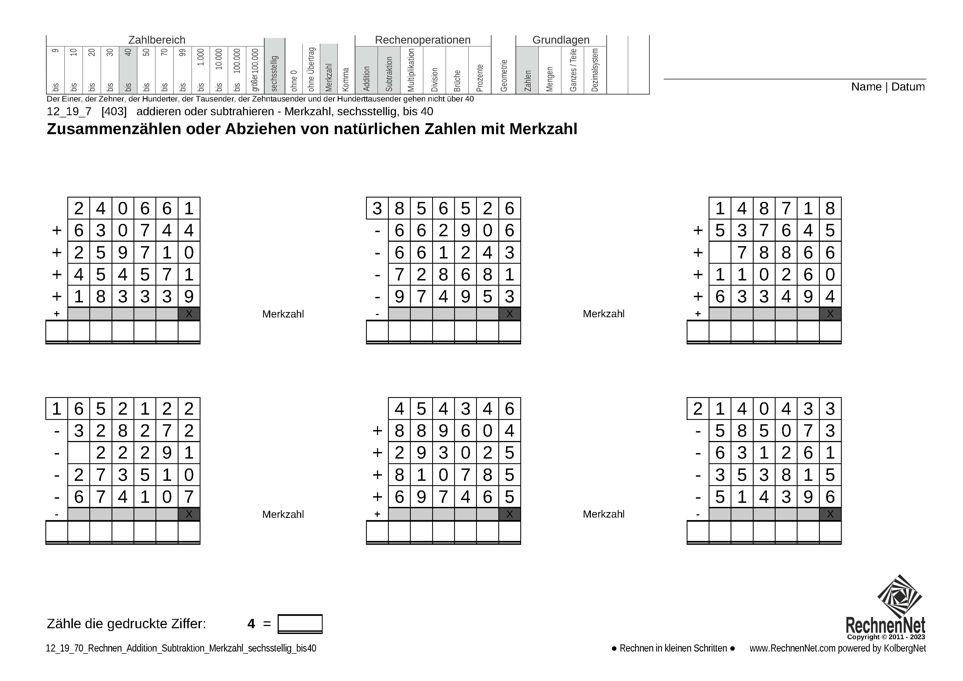 12_19_7 Rechnen Addition Subtraktion Merkzahl sechsstellig bis40 12_19_7 Rechnen Addition Subtraktion Merkzahl sechsstellig bis40