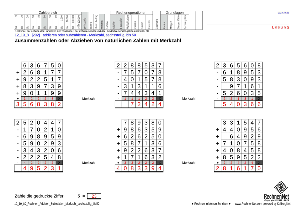 Lösung: 12_19_8 Rechnen Addition Subtraktion Merkzahl sechsstellig bis50 Lösung: 12_19_8 Rechnen Addition Subtraktion Merkzahl sechsstellig bis50