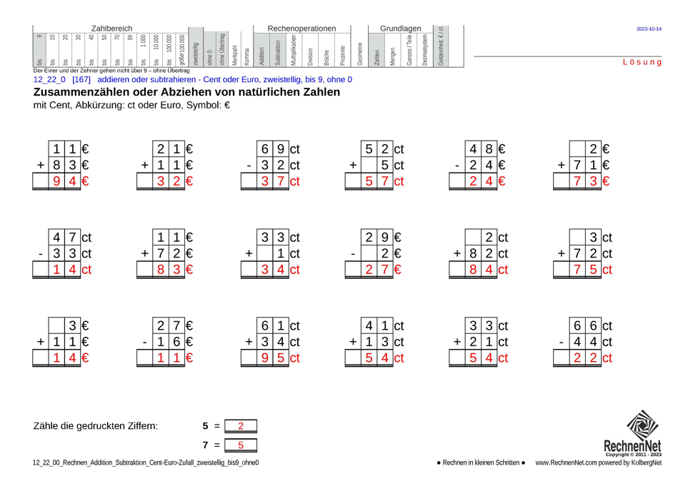 Lösung: 12_22_0 Rechnen Addition Subtraktion Cent-Euro zweistellig bis9 ohne0
