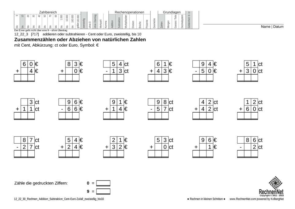 12_22_3 Rechnen Addition Subtraktion Cent-Euro zweistellig bis10