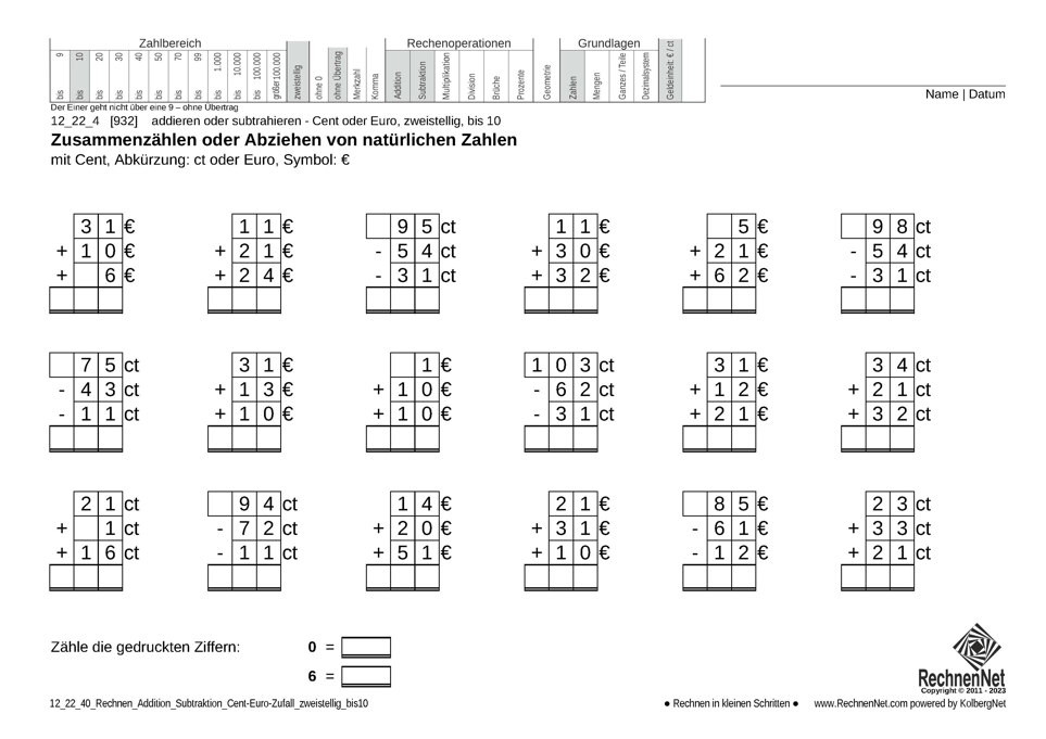 12_22_4 Rechnen Addition Subtraktion Cent-Euro zweistellig bis10
