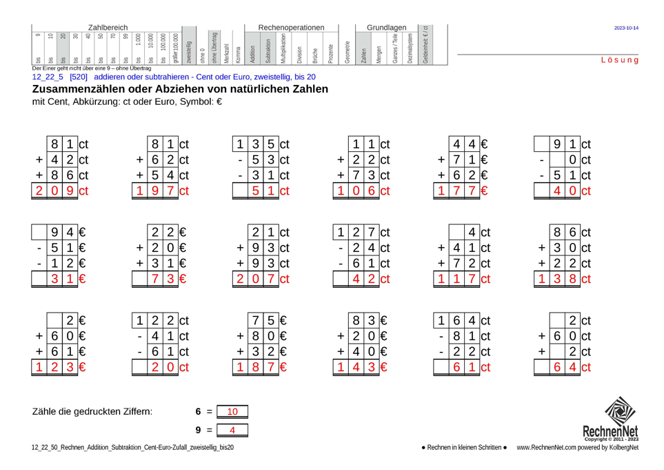 Lösung: 12_22_5 Rechnen Addition Subtraktion Cent-Euro zweistellig bis20