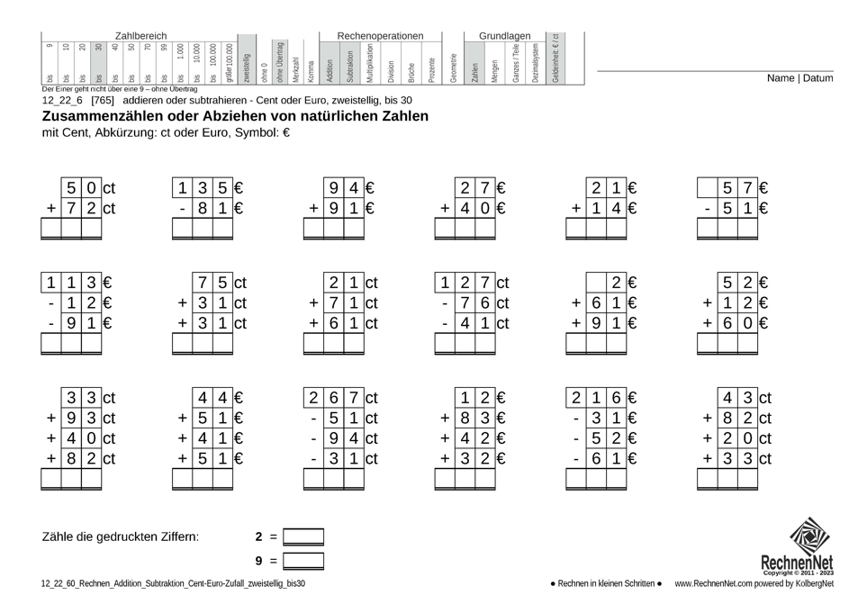 12_22_6 Rechnen Addition Subtraktion Cent-Euro zweistellig bis30