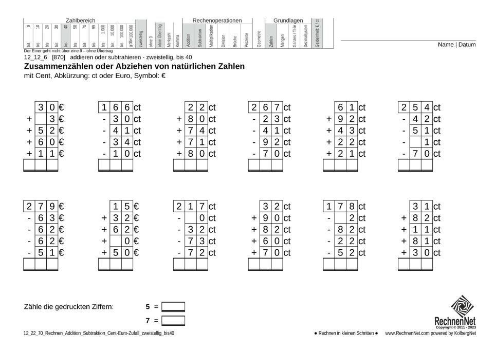 12_22_7 Rechnen Addition Subtraktion Cent-Euro zweistellig bis40