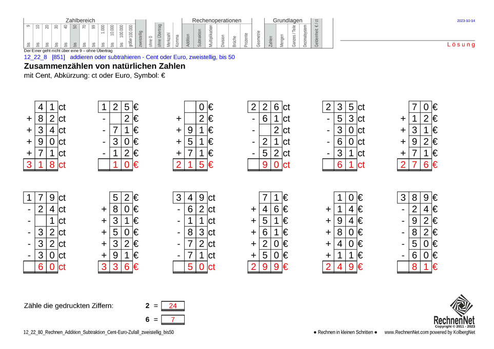 Lösung: 12_22_8 Rechnen Addition Subtraktion Cent-Euro zweistellig bis50
