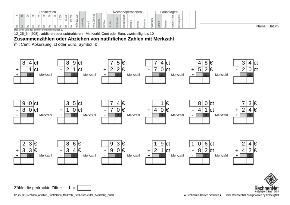 12_25_3 Rechnen Addition Subtraktion Merkzahl Cent-Euro zweistellig bis10