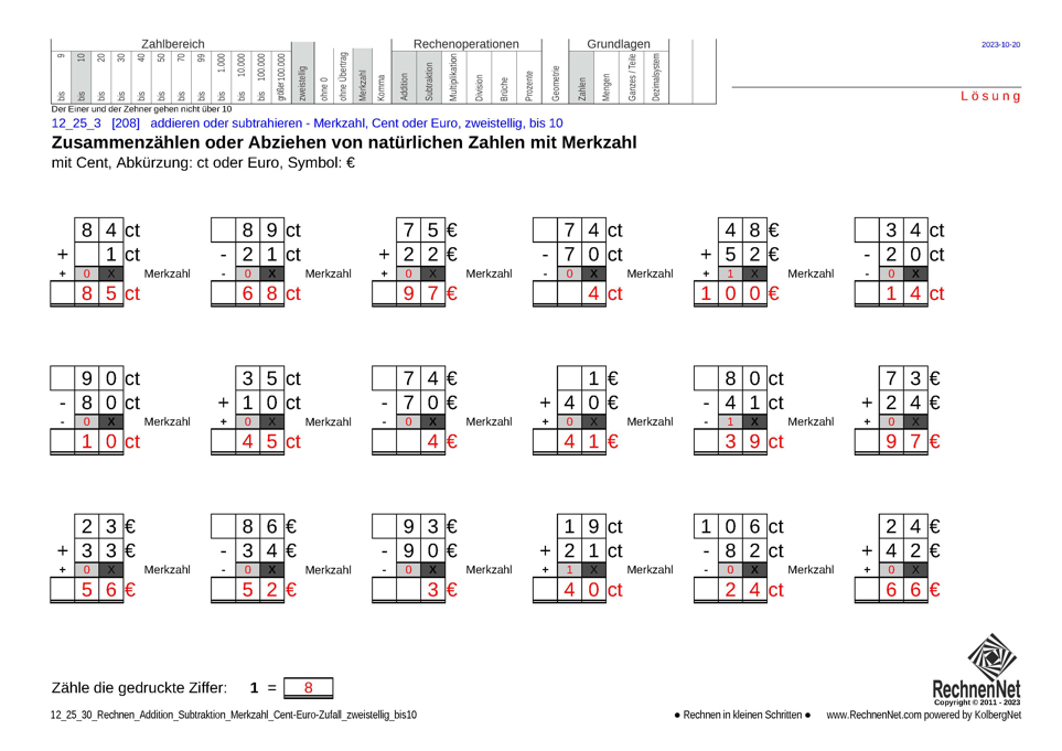 Lösung: 12_25_3 Rechnen Addition Subtraktion Merkzahl Cent-Euro zweistellig bis10