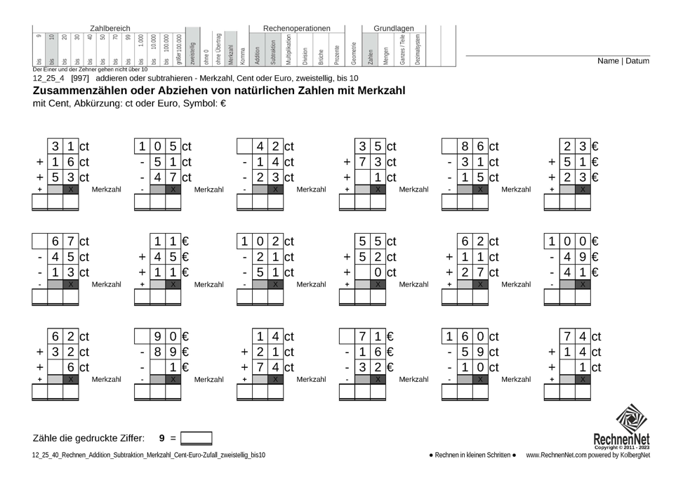 12_25_4 Rechnen Addition Subtraktion Merkzahl Cent-Euro zweistellig bis10 12_25_4 Rechnen Addition Subtraktion Merkzahl Cent-Euro zweistellig bis10
