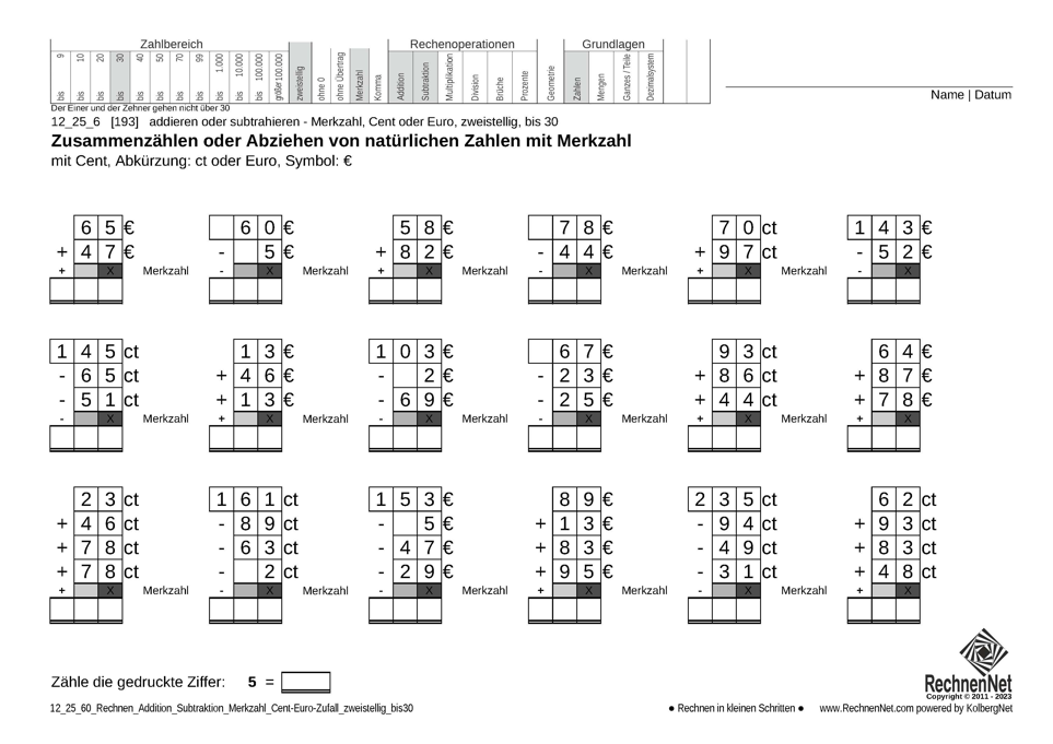 12_25_6 Rechnen Addition Subtraktion Merkzahl Cent-Euro zweistellig bis30 12_25_6 Rechnen Addition Subtraktion Merkzahl Cent-Euro zweistellig bis30