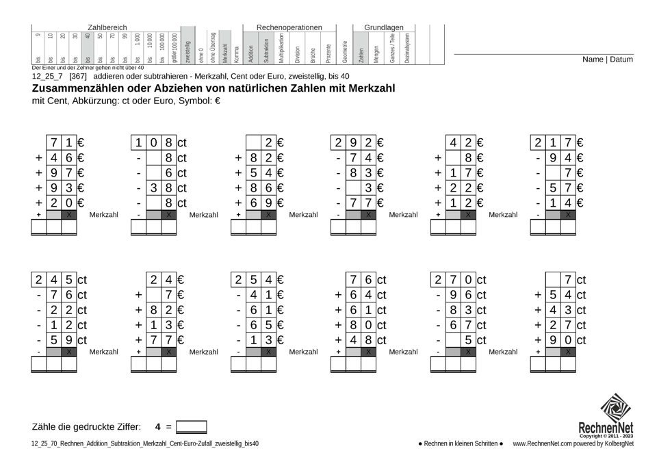 12_25_7 Rechnen Addition Subtraktion Merkzahl Cent-Euro zweistellig bis40 12_25_7 Rechnen Addition Subtraktion Merkzahl Cent-Euro zweistellig bis40