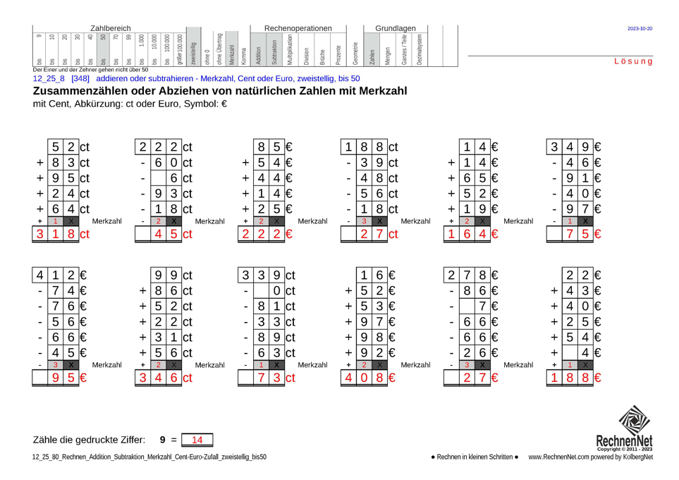 Lösung: 12_25_8 Rechnen Addition Subtraktion Merkzahl Cent-Euro zweistellig bis50 Lösung: 12_25_8 Rechnen Addition Subtraktion Merkzahl Cent-Euro zweistellig bis50