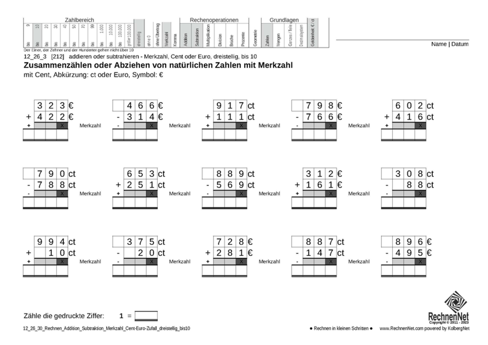 12_26_3 Rechnen Addition Subtraktion Merkzahl Cent-Euro dreistellig bis10
