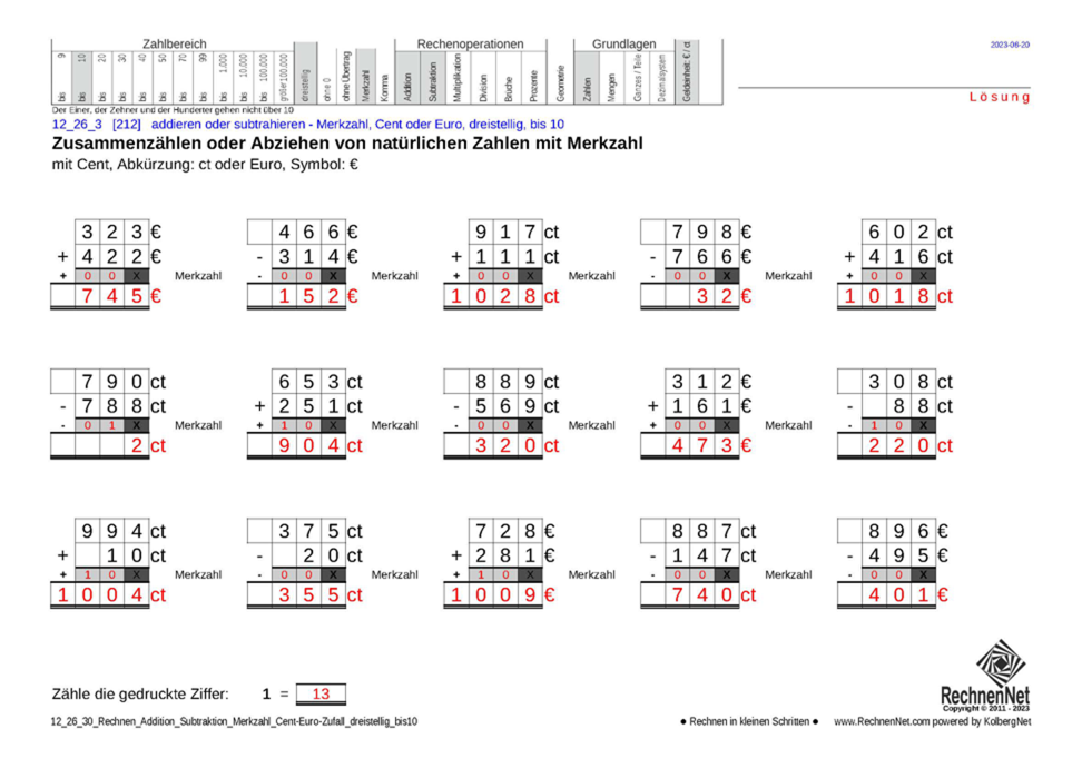 Lösung: 12_26_3 Rechnen Addition Subtraktion Merkzahl Cent-Euro dreistellig bis10