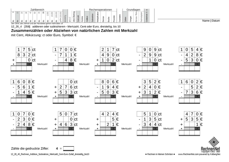12_26_4 Rechnen Addition Subtraktion Merkzahl Cent-Euro dreistellig bis10