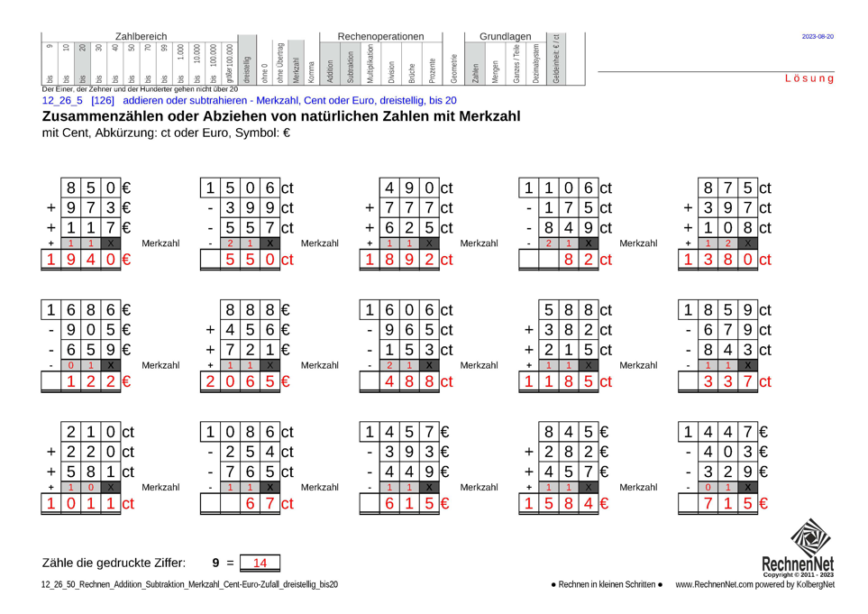 Lösung: 12_26_5 Rechnen Addition Subtraktion Merkzahl Cent-Euro dreistellig bis20