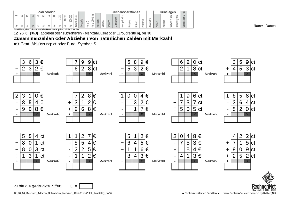 12_26_6 Rechnen Addition Subtraktion Merkzahl Cent-Euro dreistellig bis30