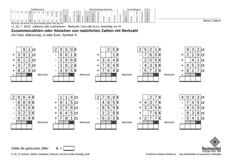 12_26_7 Rechnen Addition Subtraktion Merkzahl Cent-Euro dreistellig bis40