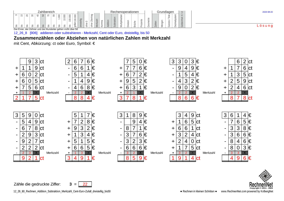 Lösung: 12_26_8 Rechnen Addition Subtraktion Merkzahl Cent-Euro dreistellig bis50
