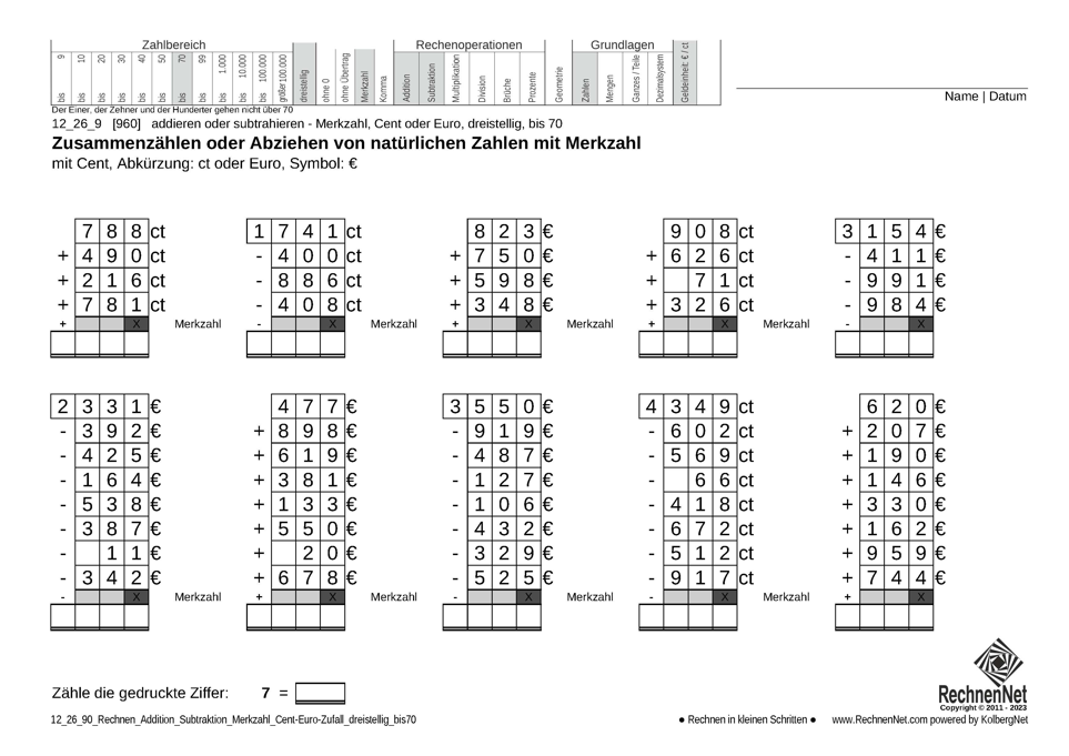 12_26_9 Rechnen Addition Subtraktion Merkzahl Cent-Euro dreistellig bis70