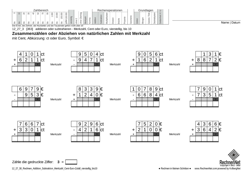 12_27_3 Rechnen Addition Subtraktion Merkzahl Cent-Euro vierstellig bis10