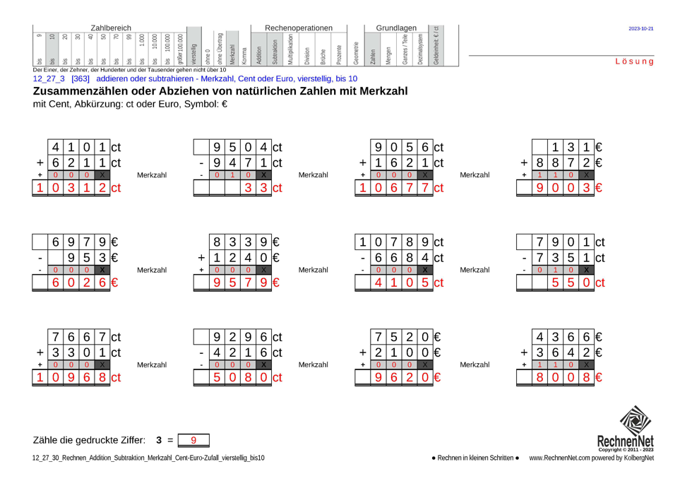 Lösung: 12_27_3 Rechnen Addition Subtraktion Merkzahl Cent-Euro vierstellig bis10