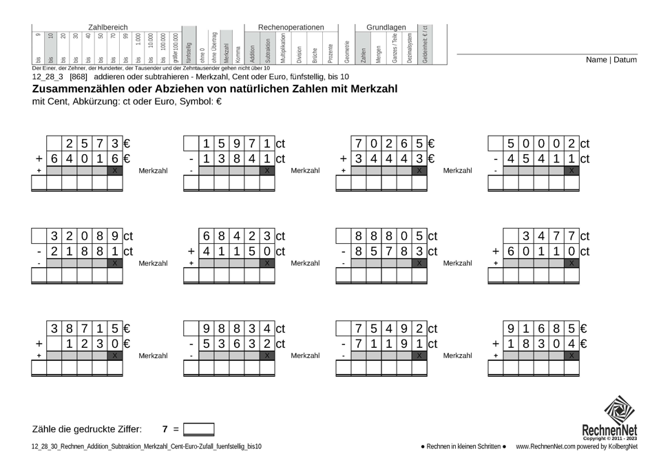12_28_3 Rechnen Addition Subtraktion Merkzahl Cent-Euro fünfstellig bis10