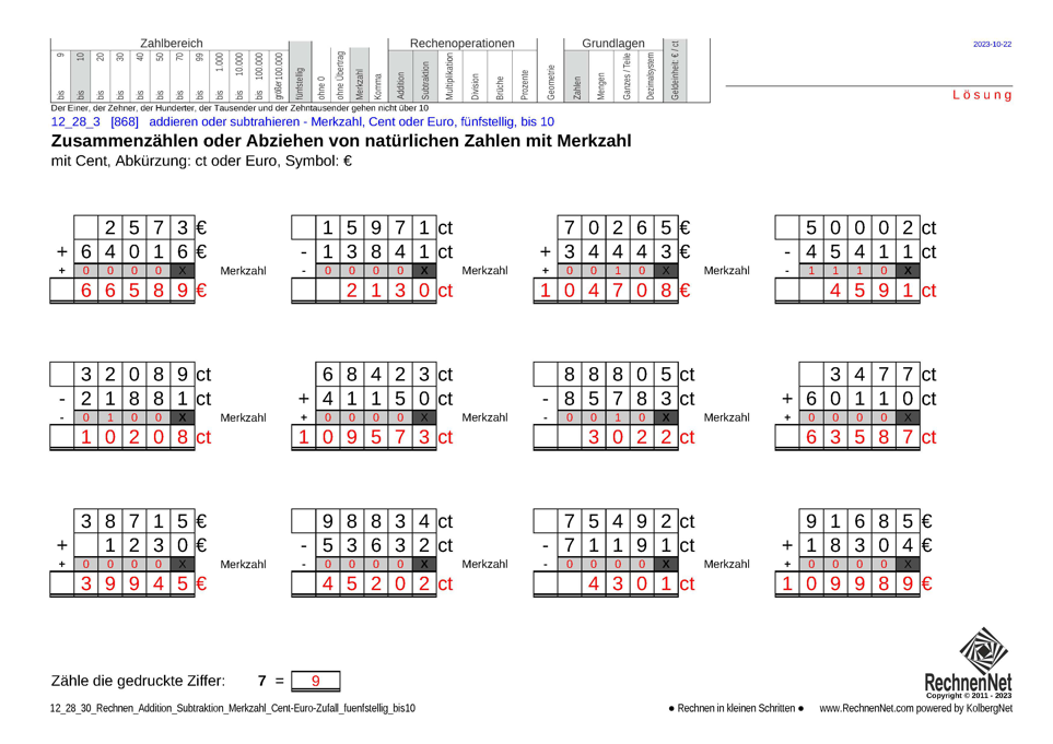 Lösung: 12_28_3 Rechnen Addition Subtraktion Merkzahl Cent-Euro fünfstellig bis10