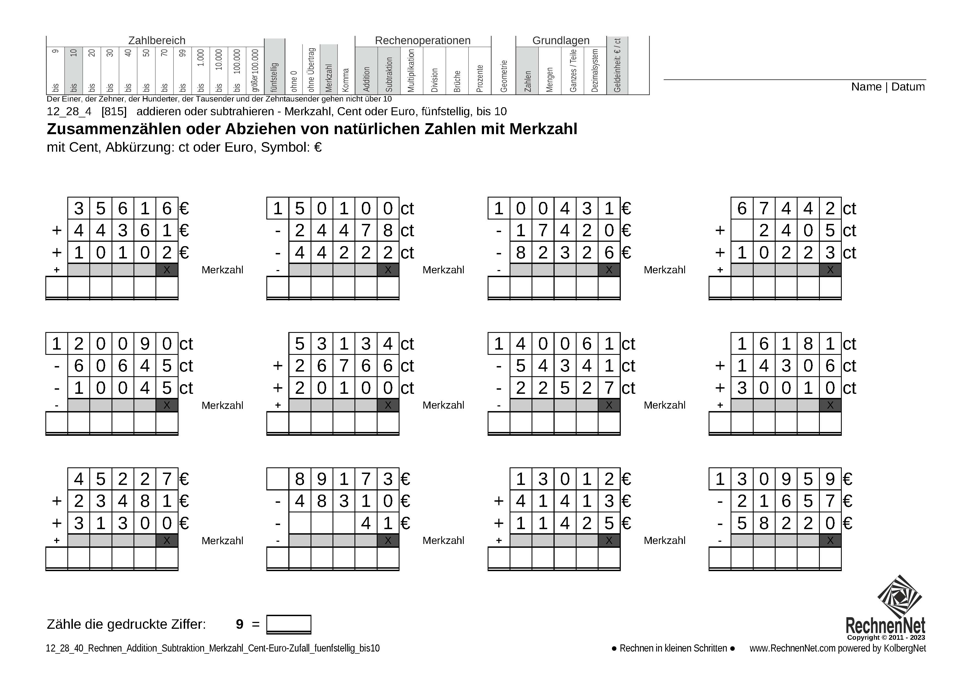 12_28_4 Rechnen Addition Subtraktion Merkzahl Cent-Euro fünfstellig bis10