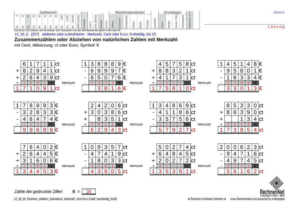Lösung: 12_28_5 Rechnen Addition Subtraktion Merkzahl Cent-Euro fünfstellig bis20
