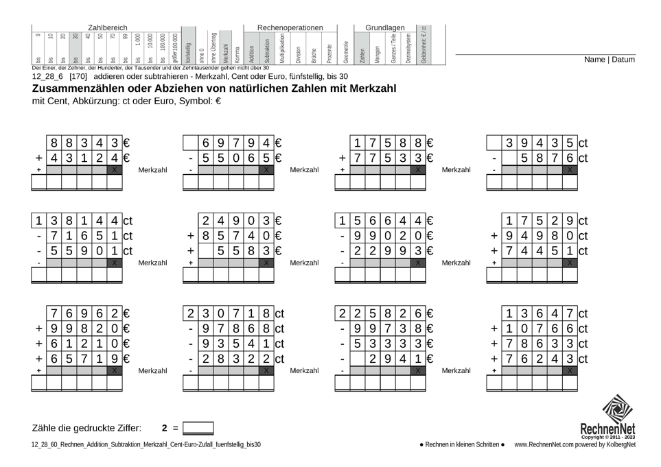 12_28_6 Rechnen Addition Subtraktion Merkzahl Cent-Euro fünfstellig bis30