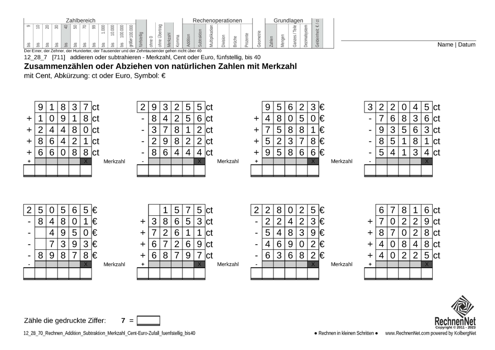 12_28_7 Rechnen Addition Subtraktion Merkzahl Cent-Euro fünfstellig bis40