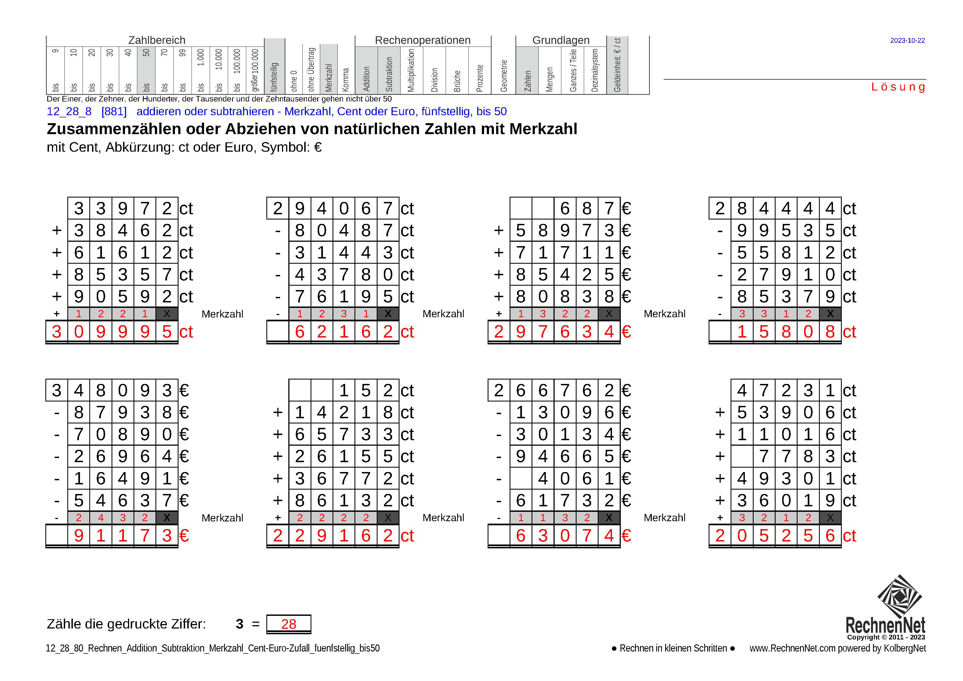 Lösung: 12_28_8 Rechnen Addition Subtraktion Merkzahl Cent-Euro fünfstellig bis50