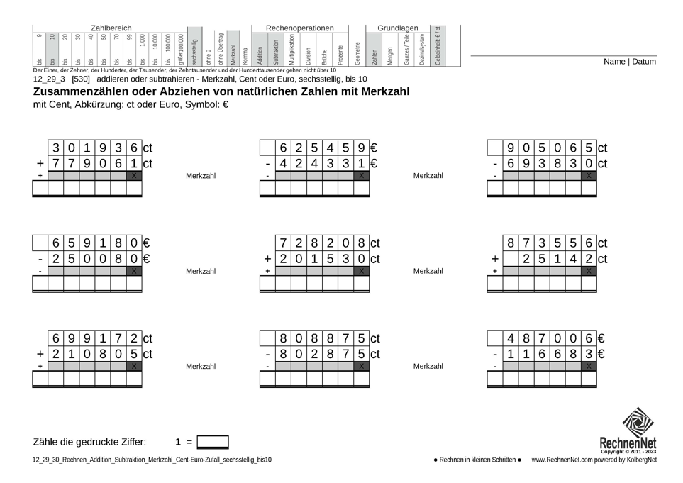 12_29_3 Rechnen Addition Subtraktion Merkzahl Cent-Euro sechsstellig bis10