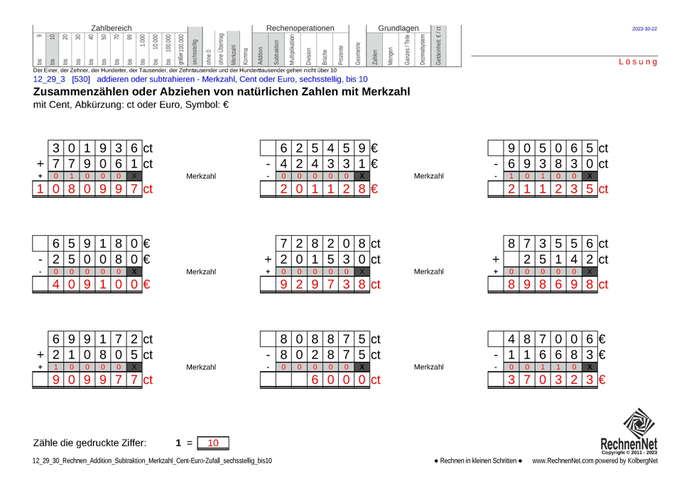 Lösung: 12_29_3 Rechnen Addition Subtraktion Merkzahl Cent-Euro sechsstellig bis10