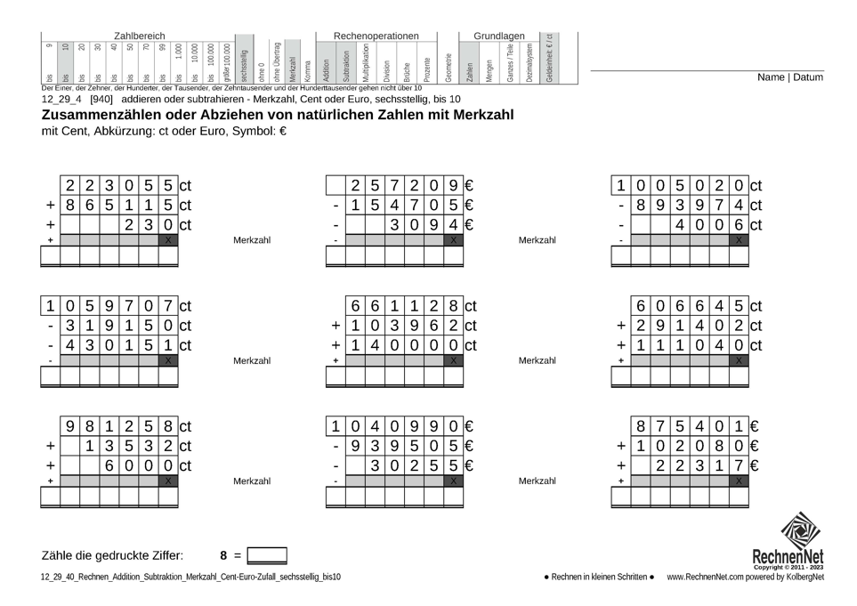 12_29_4 Rechnen Addition Subtraktion Merkzahl Cent-Euro sechsstellig bis10