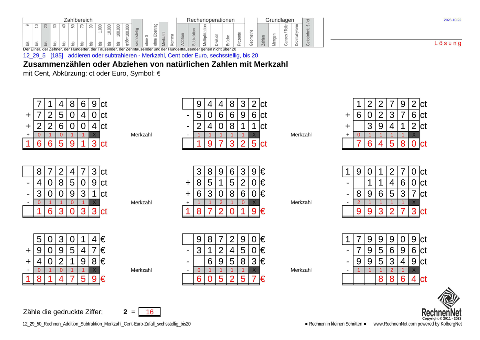 Lösung: 12_29_5 Rechnen Addition Subtraktion Merkzahl Cent-Euro sechsstellig bis20