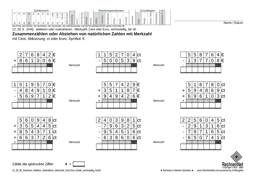 12_29_6 Rechnen Addition Subtraktion Merkzahl Cent-Euro sechsstellig bis30