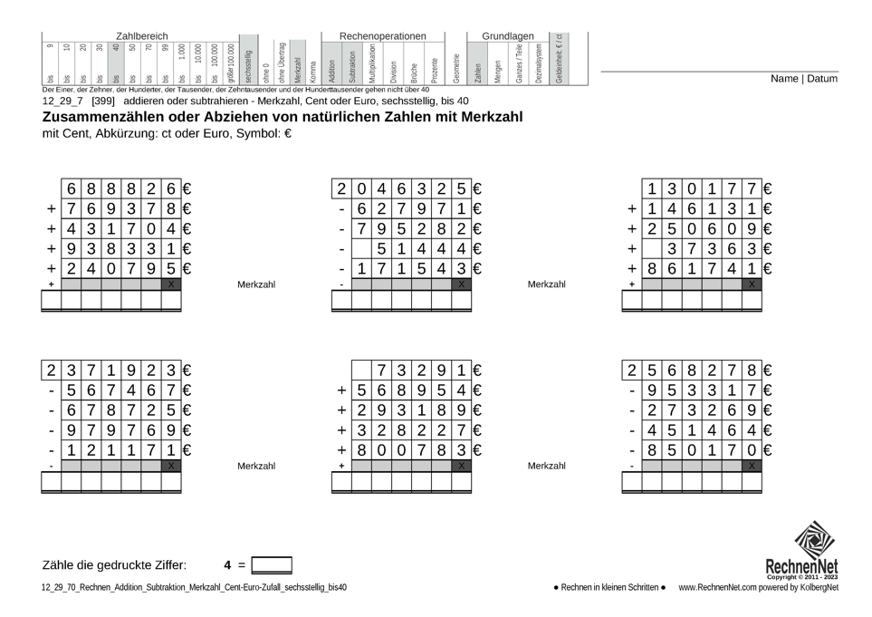 12_29_7 Rechnen Addition Subtraktion Merkzahl Cent-Euro sechsstellig bis40