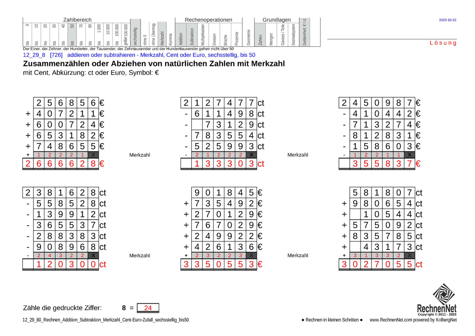 Lösung: 12_29_8 Rechnen Addition Subtraktion Merkzahl Cent-Euro sechsstellig bis50