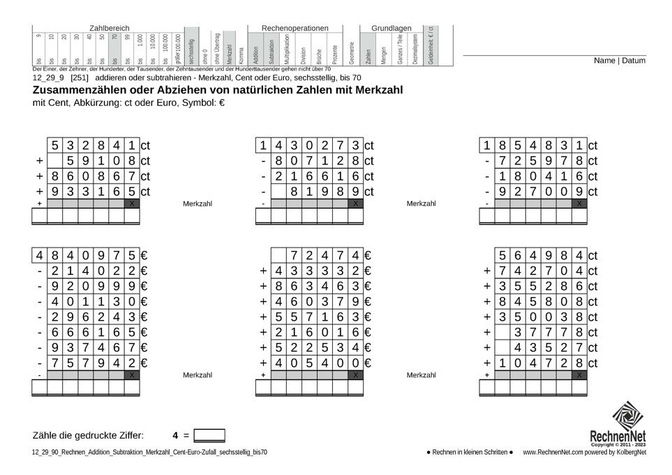 12_29_9 Rechnen Addition Subtraktion Merkzahl Cent-Euro sechsstellig bis70