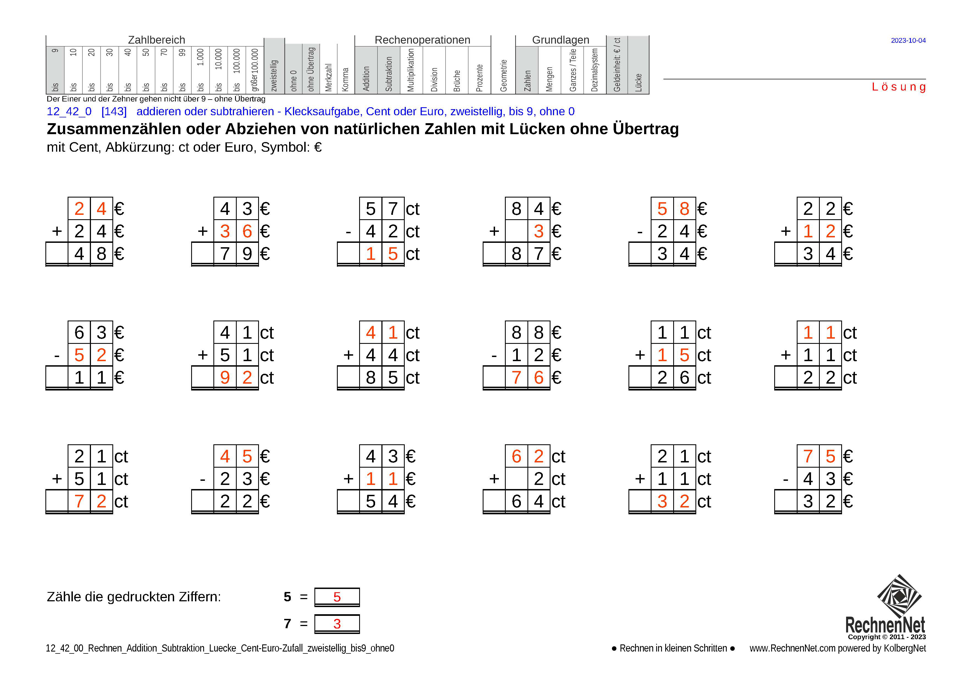 Lösung: 12_42_0 Rechnen Addition Subtraktion Lücke Cent-Euro zweistellig bis9 ohne0
